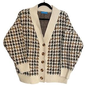CHERRY‎ AKA Houndstooth Button Front Cardigan Sweater Neutral Tones Grandpa